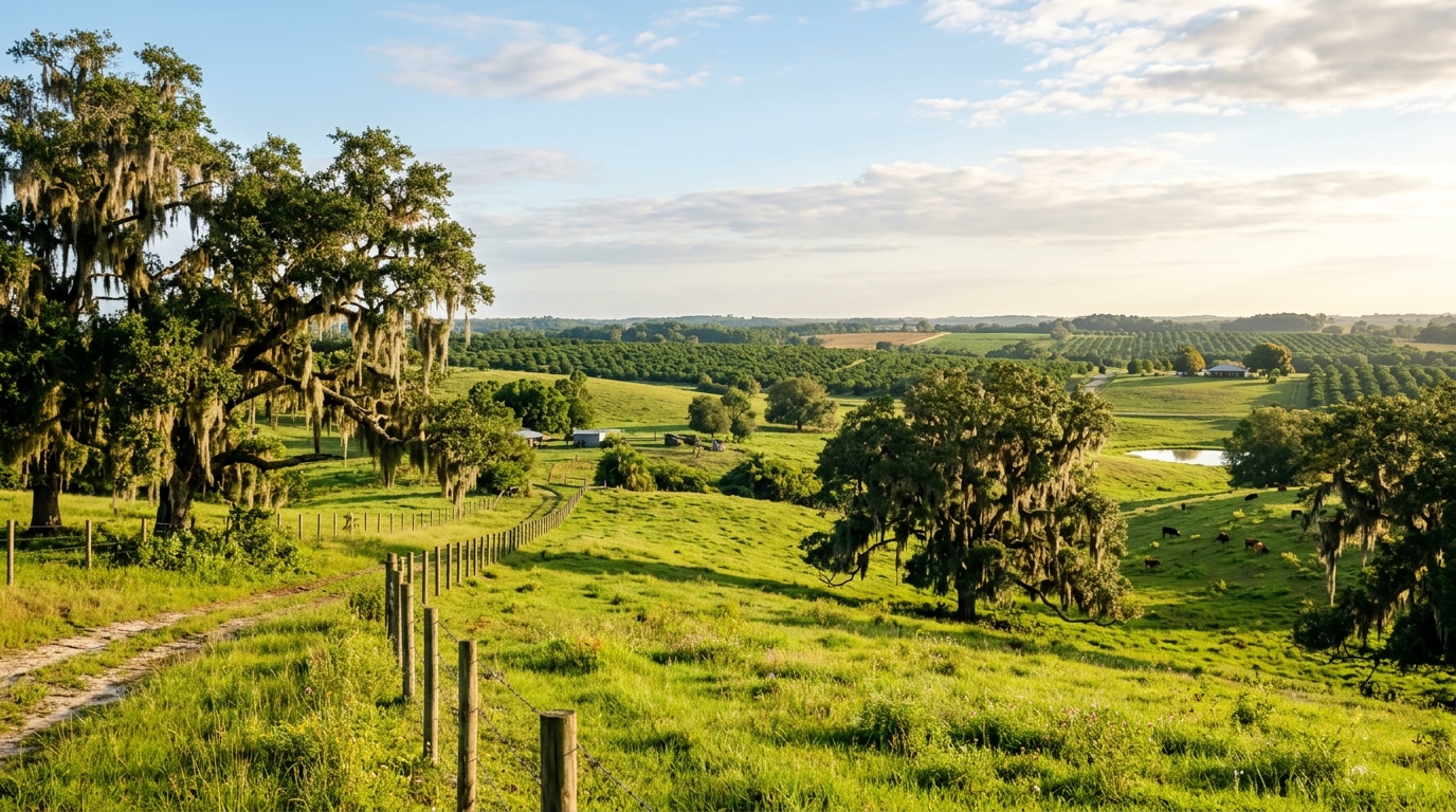 Scenic Central Florida landscape in Polk County with rolling green hills and oak trees