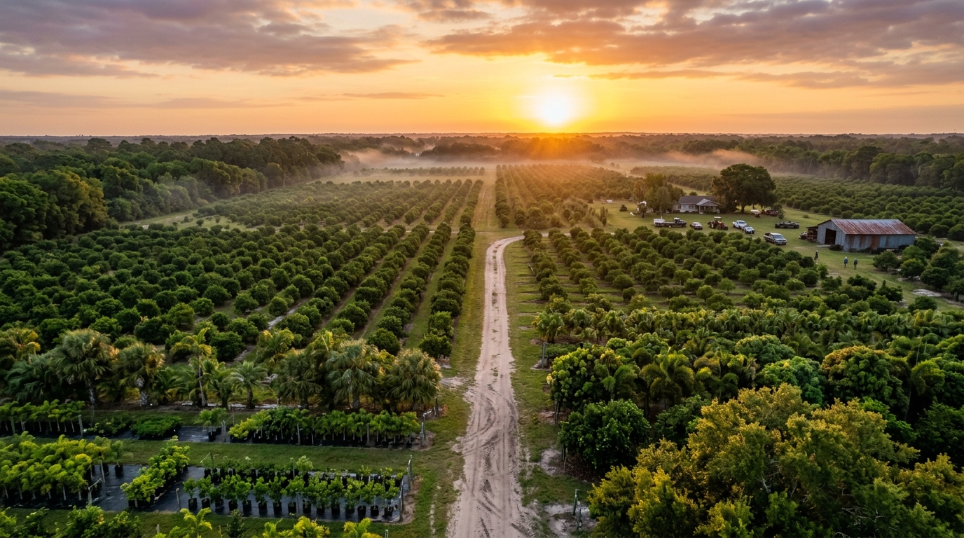 Central Florida tree farm at sunset with golden rays