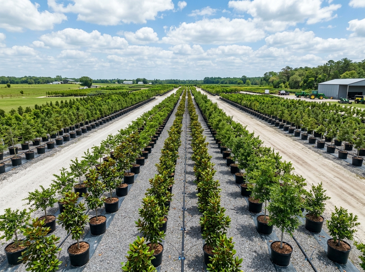 Organized tree nursery container rows with drip irrigation