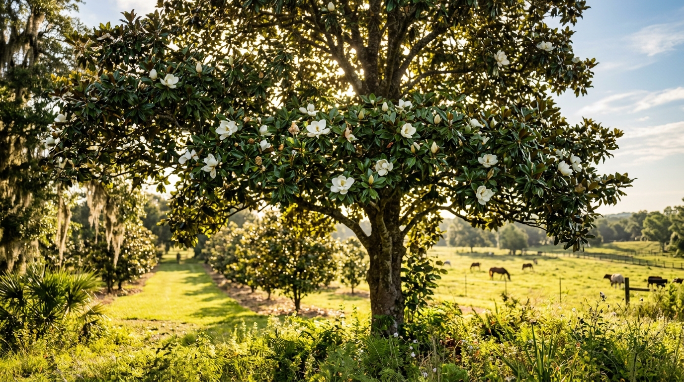 Majestic Southern Magnolia tree in a Central Florida field with morning sunlight