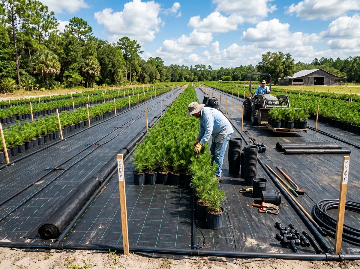 Laying out container tree nursery rows in Central Florida