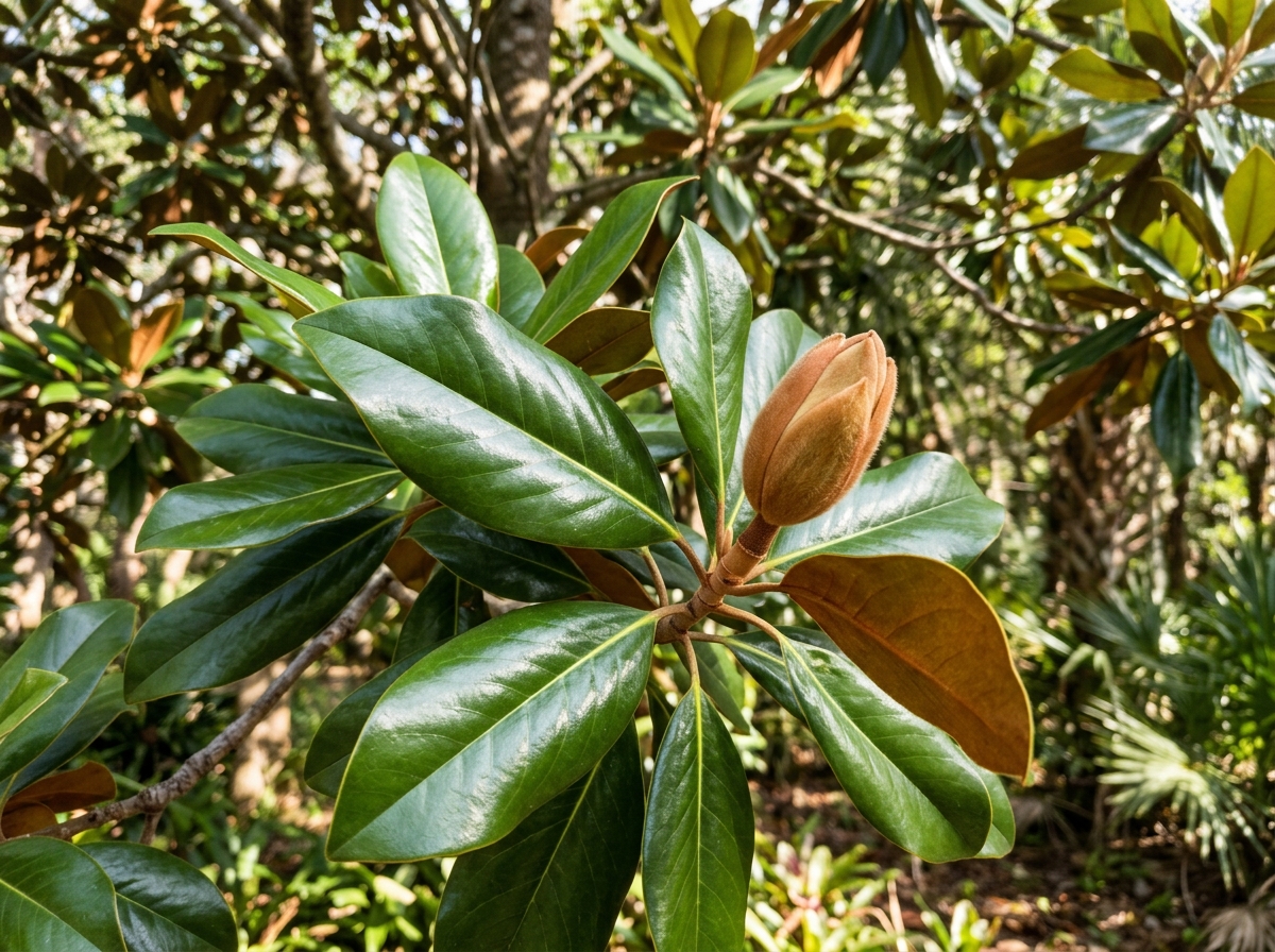 Glossy Southern Magnolia foliage and unopened velvet bud