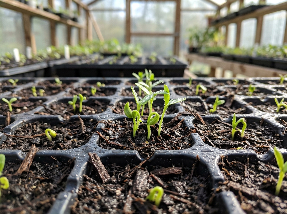Seedlings emerging in nursery propagation trays