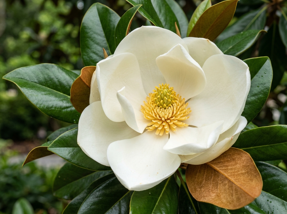 Southern Magnolia blossom with velvet petals and glossy leaves