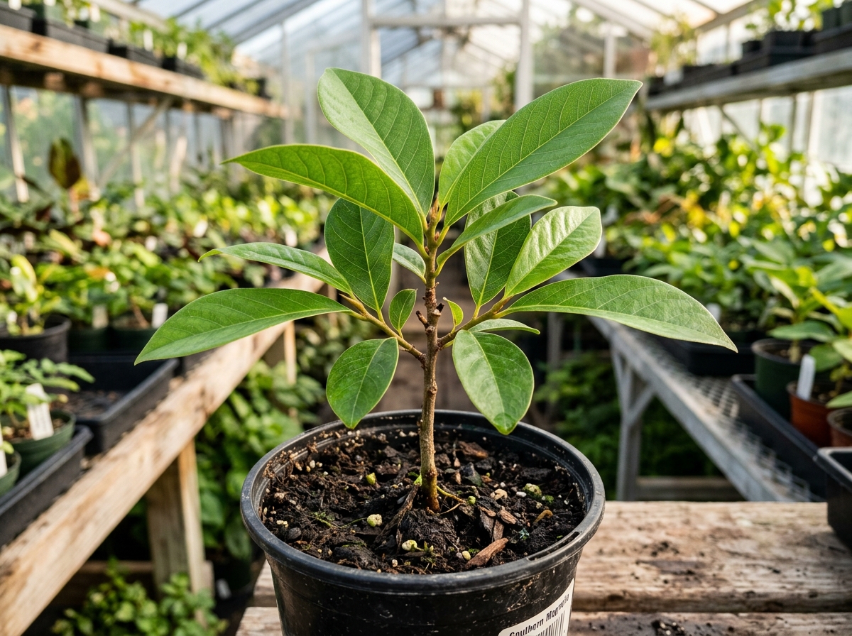 Young Magnolia sapling in container in nursery setting